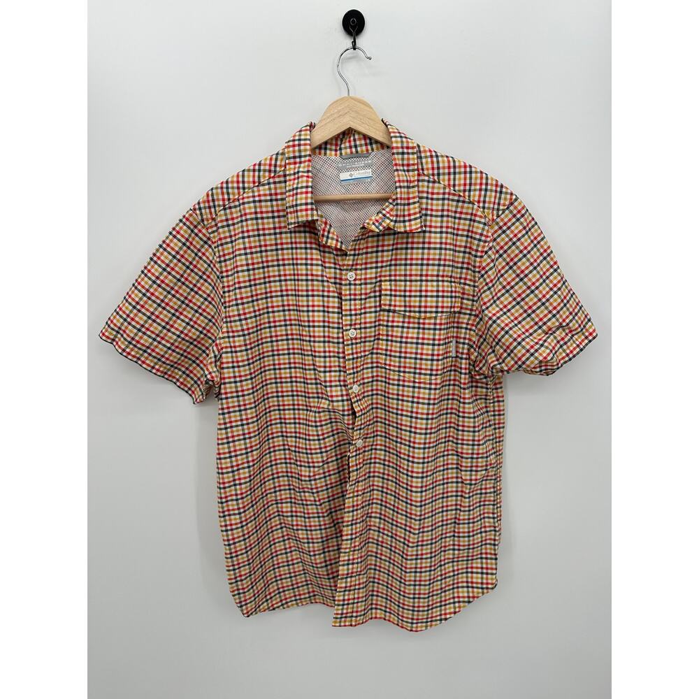 Columbia Plaid Button Front Shirt Mens Size L Omnishade Fishing Red AM1021